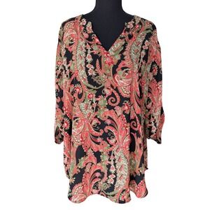 Cato Paisley Print V Neck Tunic Top Womens 18 20W Black Red Green Office Career